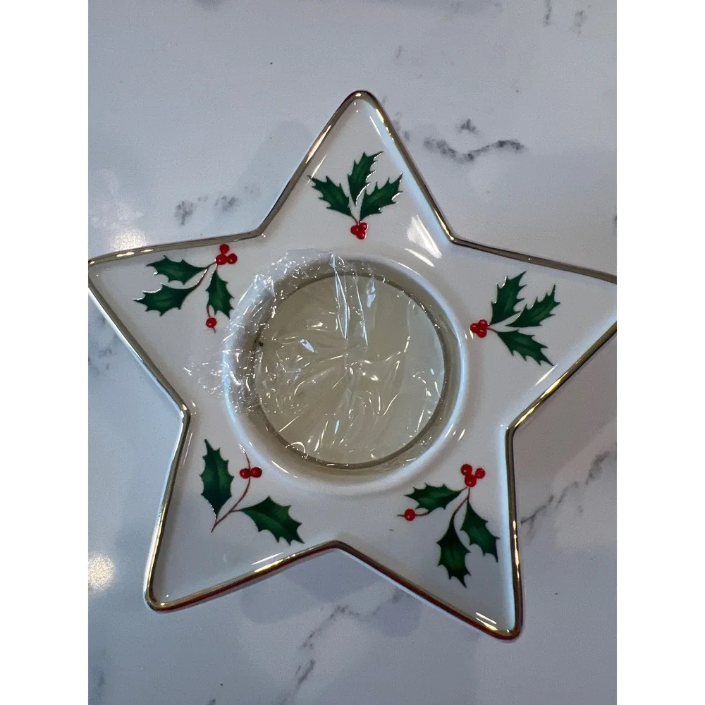 Lenox Holiday Star Votive Porcelain‎ Candle Holder Holly Berry Gold Trim